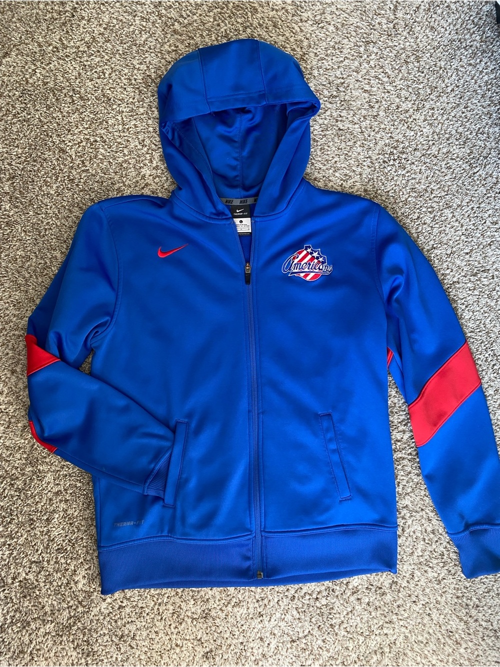 Rochester Americans NIKE Blue Hooded Team Jacket with Red Accents